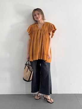 「BABYLONE（バビロン）のフレンチスリーブタックプルオーバーブラウス（Tシャツ/カットソー、ベージュ系）」を使った、ゆうなさん（レディース・156cm）の夏コーディネート
