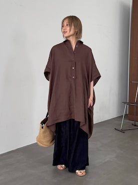 「BABYLONE（バビロン）のインドシアーリネンタックパンツ（その他パンツ、ブラック系）」を使った、ゆうなさん（レディース・156cm）の夏コーディネート