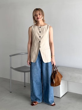 「BABYLONE（バビロン）のバレルレッグデニムパンツ（デニムパンツ、ブルー系）」を使った、ゆうなさん（レディース・156cm）の春コーディネート