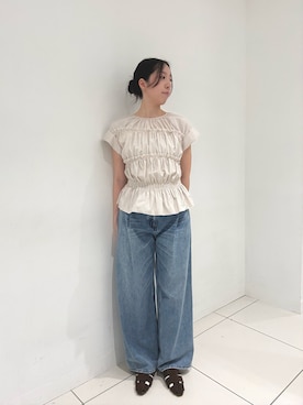「SENSE OF PLACE by URBAN RESEARCH(センスオブプレイスバイアーバンリサーチ)のロールアップシャーリングブラウス(シャツ/ブラウス、ベージュ系)」を使った、sawaさん(レディース・168cm)の夏コーディネート