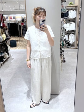 「GLOBAL WORK（グローバルワーク）のフレンチリネンワイドパンツ/600996（その他パンツ、ベージュ系）」を使った、はってぃーさん（レディース・168cm）の夏コーディネート