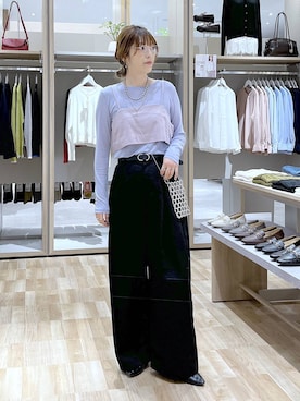 「GLOBAL WORK（グローバルワーク）のシルクブレンドクループルオーバー長袖/1051637（Tシャツ/カットソー、パープル系）」を使った、はってぃーさん（レディース・168cm）の秋コーディネート