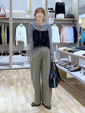 「GLOBAL WORK（グローバルワーク）のシルクブレンドクループルオーバー長袖/1051637（Tシャツ/カットソー、グレー系）」を使った、はってぃーさん（レディース・168cm）の夏コーディネート