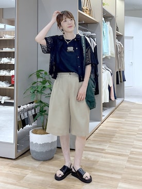「GLOBAL WORK（グローバルワーク）の冷感コットンプリントノースリーブ/636808（Tシャツ/カットソー、ブラック系）」を使った、はってぃーさん（レディース・168cm）の夏コーディネート