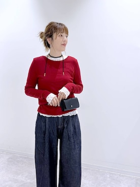 「GLOBAL WORK（グローバルワーク）のシルクブレンドクループルオーバー長袖/1051637（Tシャツ/カットソー、レッド系）」を使った、はってぃーさん（レディース・168cm）の秋コーディネート
