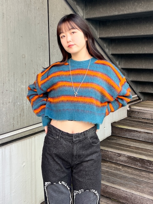 X-girl（エックスガール）の「MULTI STRIPE SHAGGY KNIT TOP（ニット