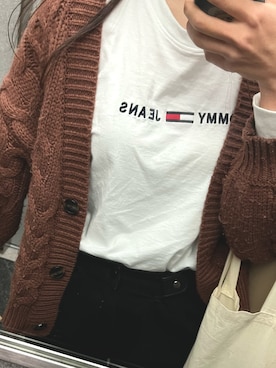 「tommy jeans（トミー ジーンズ）のベーシック ロゴ ロングTシャツ（Tシャツ/カットソー、ホワイト系）」を使った、yummy650さん（レディース・158cm）の春コーディネート