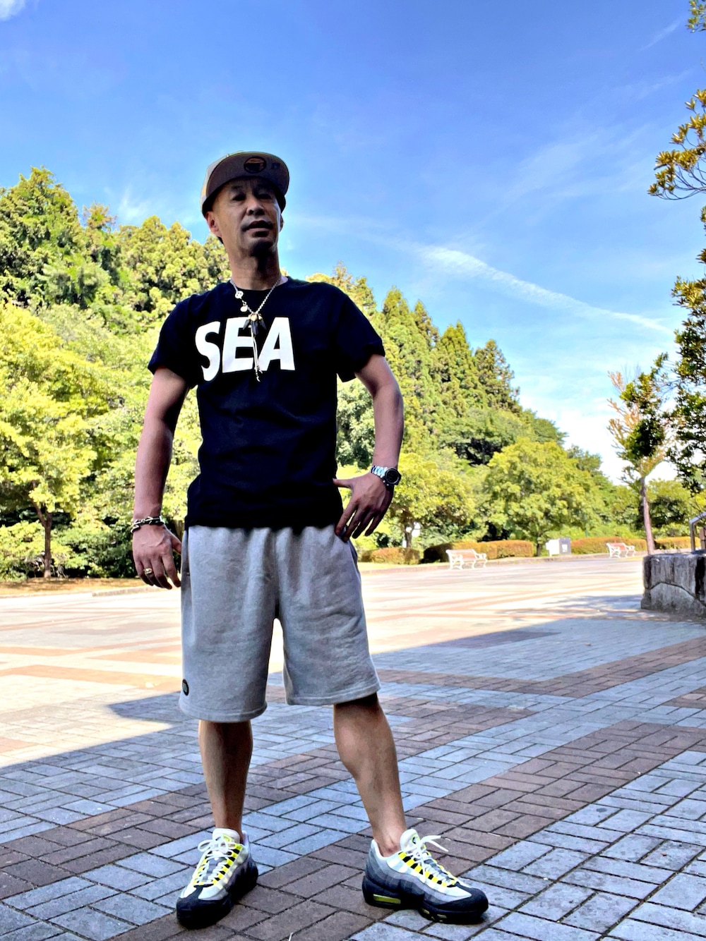 「ナイキ、NIKE、WIND AND SEA、ストリートコーデ、お洒落さんとつながりたい、今日のコーデ」｜「WIND AND SEAのアイテム（その他パンツ、グレー系）」を使った、怠惰ですけれども®︎さん（メンズ・170cm）の夏コーディネートの1枚目の写真