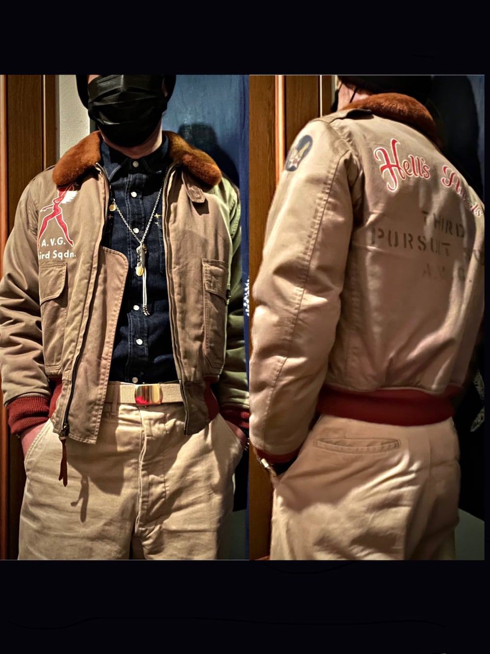 「M45khaki、B-10、flight jacket、フライトジャケット、USAAF、USARMY、バズリクソンズ、BUZZ RICKSON'S、ROUGH WEAR、ビンテージ、VINTAGE、vintage、赤リブ、アメカジ、ミリタリー」｜「Buzz Rickson'sのアイテム（ミリタリージャケット、ベージュ系）」を使った、怠惰ですけれども®︎さん（メンズ・170cm）の秋コーディネートの1枚目の写真
