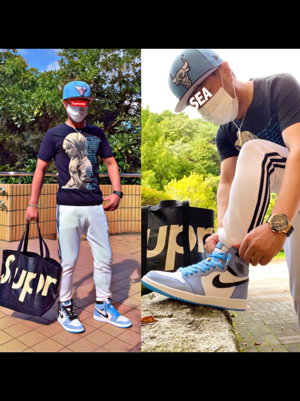 「スニーカーコーデ、お洒落さんとつながりたい、スニーカー男子、ジョーダン1、jordan1、NEW ERA、シカゴブルズ、supreme、今日のコーデ、ストリートファッション」｜「NEW ERAのアイテム（キャップ、ブルー系）」を使った、怠惰ですけれども®︎さん（メンズ・170cm）の秋コーディネートの1枚目の写真