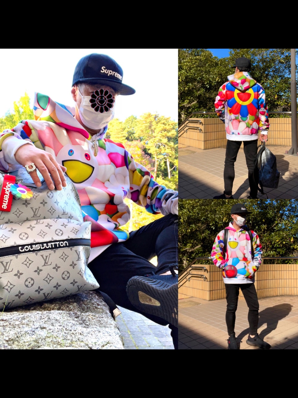 「カイカイキキ、村上隆、村上隆コラボ、J Balvin、LouisVuitton、supreme、シュプリーム、お洒落さんとつながりたい、スニーカー、ニューエラ、今日のコーデ」｜「村上隆のアイテム（パーカー、その他）」を使った、怠惰ですけれども®︎さん（メンズ・170cm）の秋コーディネートの1枚目の写真