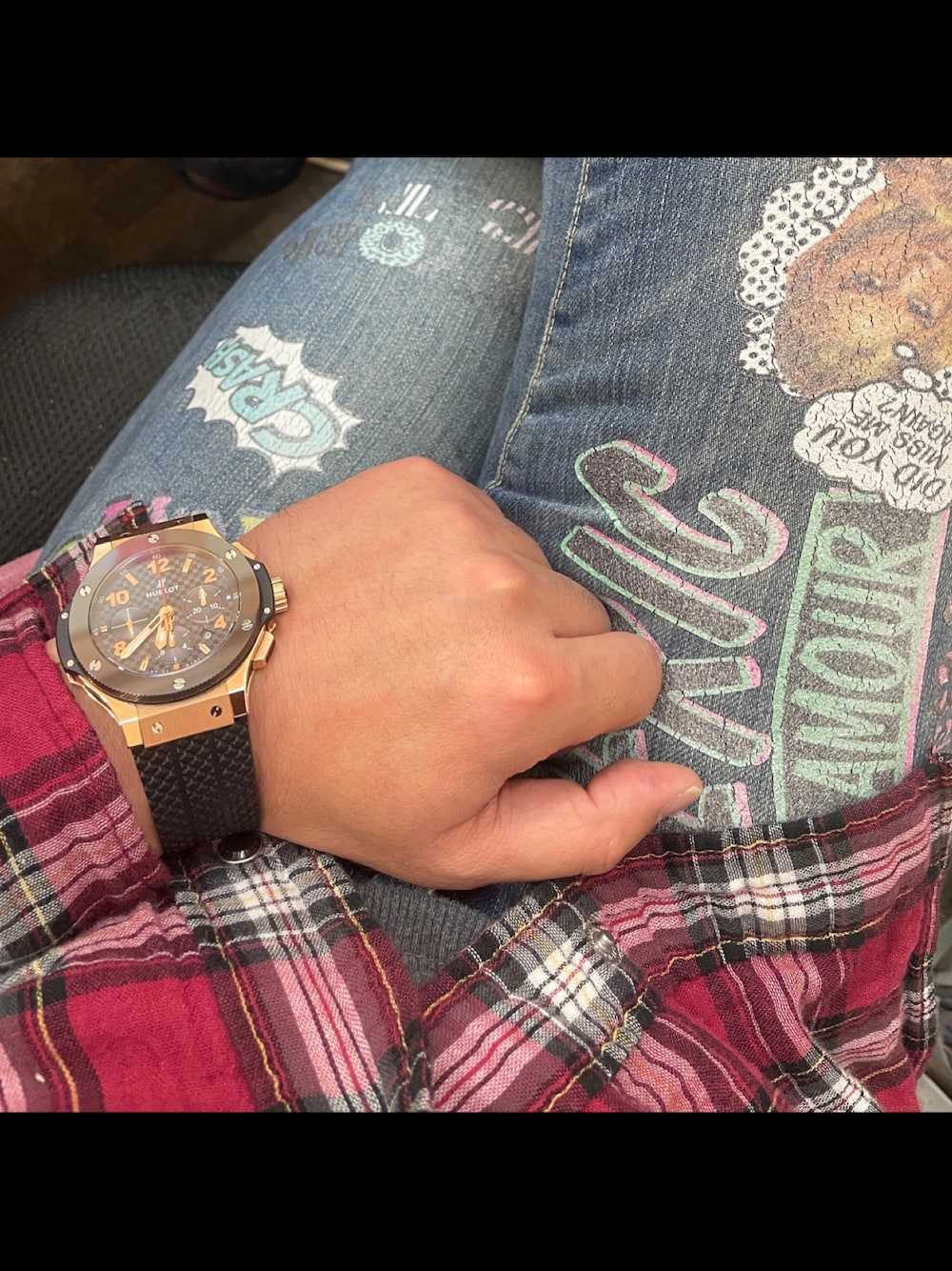 「お洒落さんとつながりたい、おしゃれさんと繋がりたい、ウブロ、HUBLOT、ROLEX、ウブロビッグバン、hublotbigbang、Hysteric Glamour、ヒステリックグラマー、今日のコーデ」｜「HYSTERIC GLAMOURのアイテム（デニムパンツ、ブルー系）」を使った、怠惰ですけれども®︎さん（メンズ・170cm）の秋コーディネートの1枚目の写真