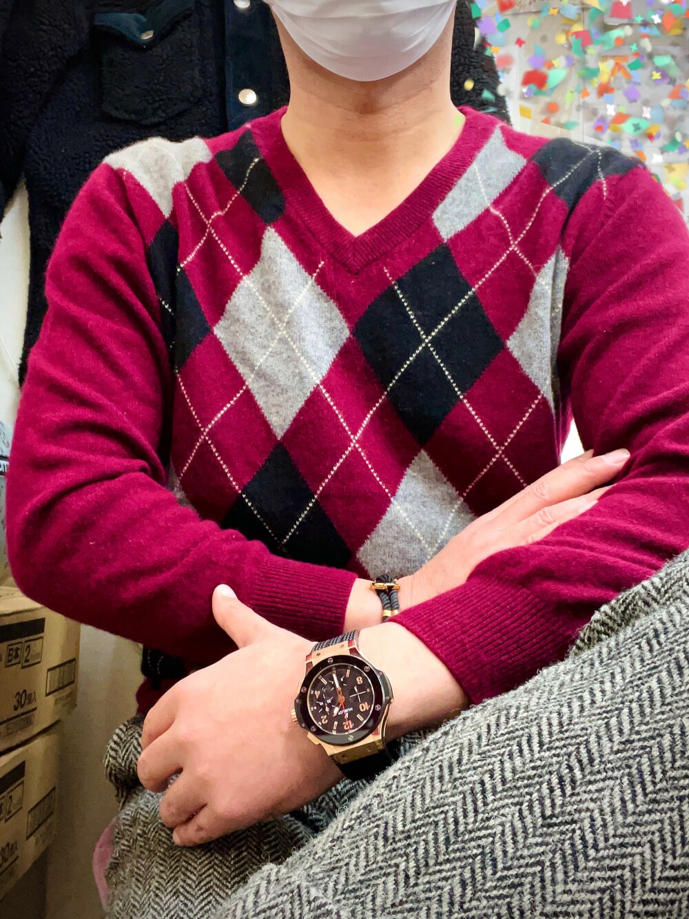 「今日のコーデ、お洒落さんとつながりたい、おしゃれさんと繋がりたい、カシミヤ、ツイード、ツイードパンツ、カシミヤニット、ファッション、アーガイル、HUBLOT、ウブロ」｜「アーガイルニットのアイテム（ニット/セーター、その他）」を使った、怠惰ですけれども®︎さん（メンズ・170cm）の秋コーディネートの1枚目の写真