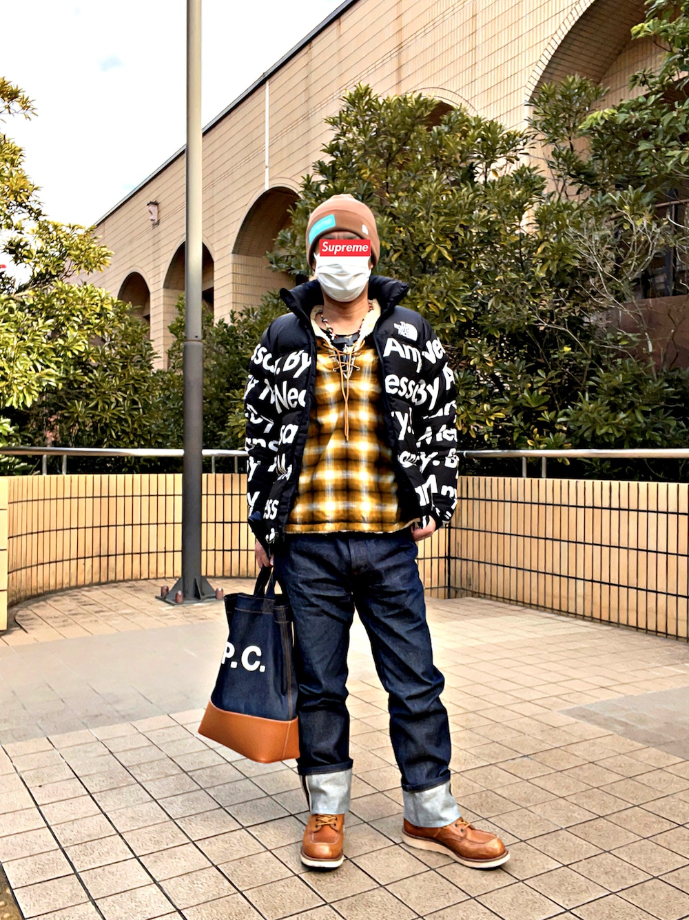 「THE NORTH FACE、supreme、NEW ERA、A.P.C.、アーペーセー、ナンバーナイン(NUMBER (N)INE)、NUMBER (N)INE、RED WING、アイリッシュセッター、お洒落さんとつながりたい、おしゃれさんと繋がりたい、アメカジ、ネイティブアメリカン、裏原」｜「NUMBER (N)INEのアイテム（シャツ/ブラウス、イエロー系）」を使った、怠惰ですけれども®︎さん（メンズ・170cm）の冬コーディネートの1枚目の写真