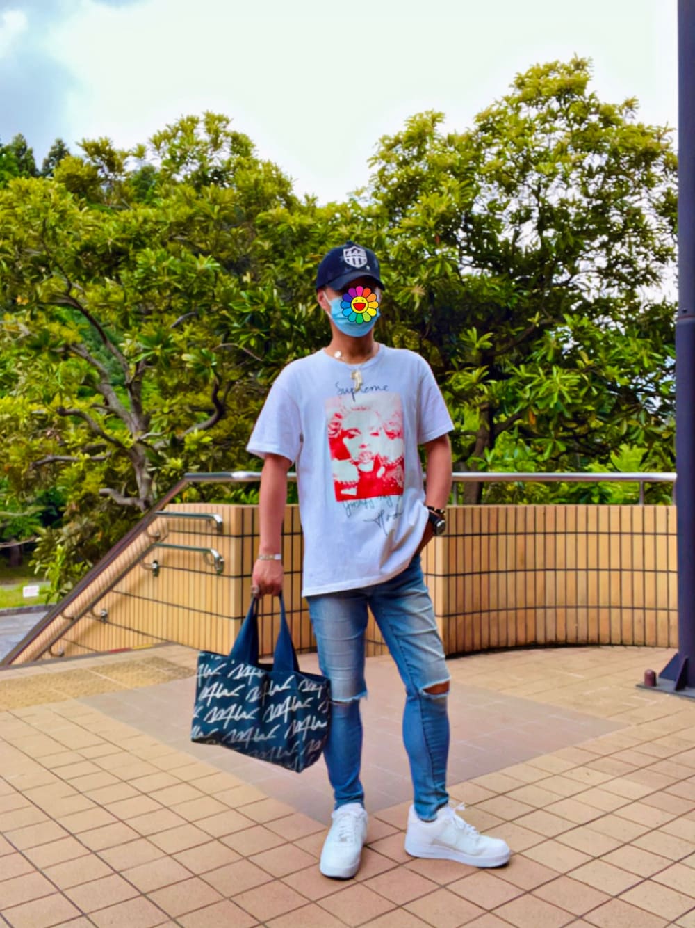 「シュプリーム、supreme、mdonna、airforce1、エアフォースワン、スニーカー、お洒落さんとつながりたい、今日のコーデ、kicks」｜「YOSHINORI KOTAKE DESIGNのアイテム（キャップ、ブラック系）」を使った、怠惰ですけれども®︎さん（メンズ・170cm）の夏コーディネートの1枚目の写真