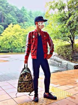 「Bape」｜「アイテム（ジャージ）」を使った、怠惰ですけれども®︎さん（メンズ・170cm）の夏コーディネート