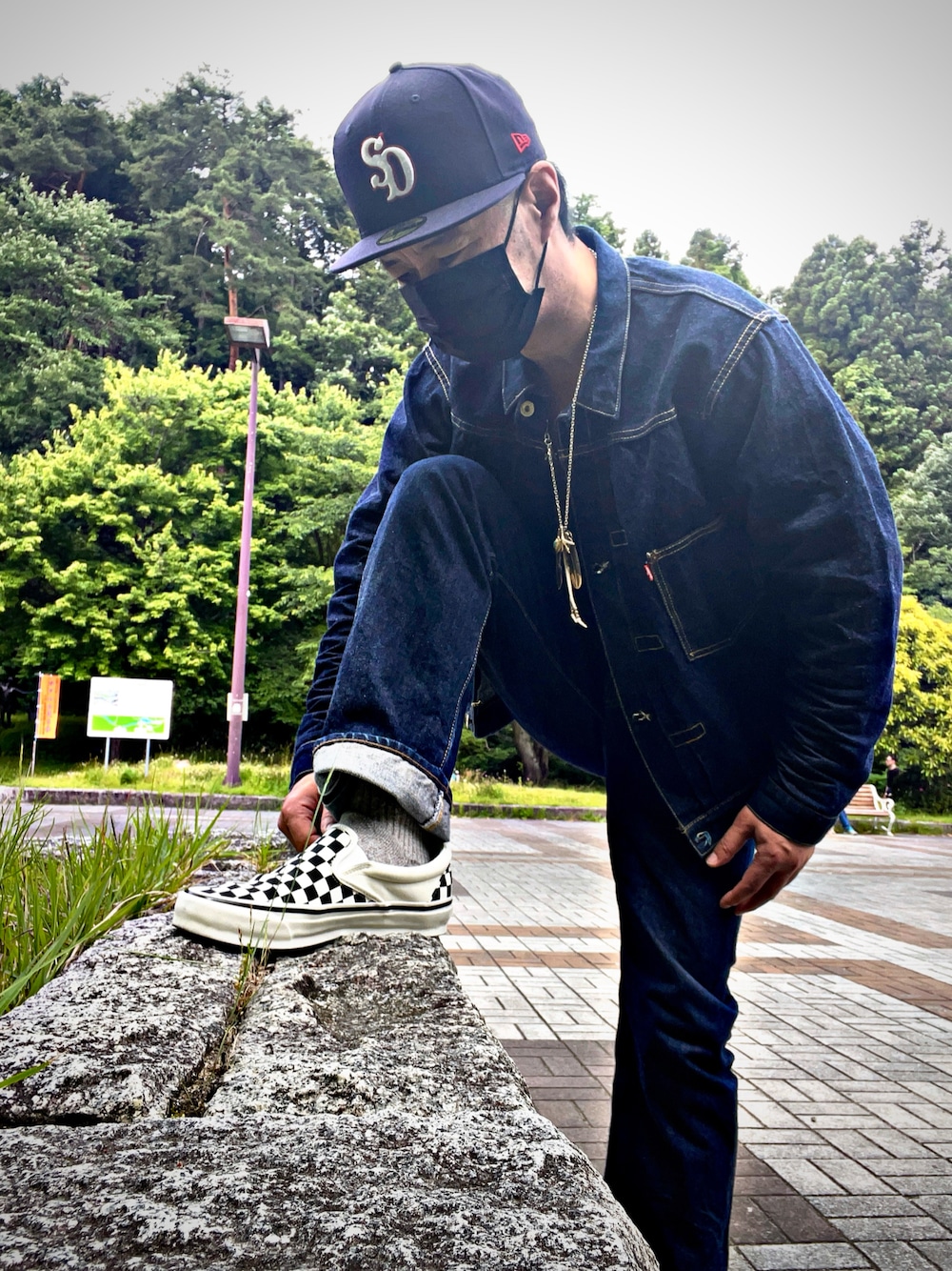 「VANS、VANSスリッポン、s501xx、S506XX、STANDARD CALIFORNIA、お洒落さんとつながりたい、お洒落さんと繋がりたい、アメカジ、スニーカーコーデ、デニデニ、デニムオンデニム、今日のコーデ、裏原、おしゃれさんと繋がりたい」｜「STANDARD CALIFORNIAのアイテム（キャップ、ブルー系）」を使った、怠惰ですけれども®︎さん（メンズ・170cm）の夏コーディネートの1枚目の写真