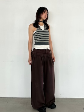 「Knuth Marf（クヌースマーフ）のdouble-layer sweatpants(unisex)（スウェットパンツ、ブラウン系）」を使った、Knuth Marfさん（レディース・159cm）の夏コーディネート