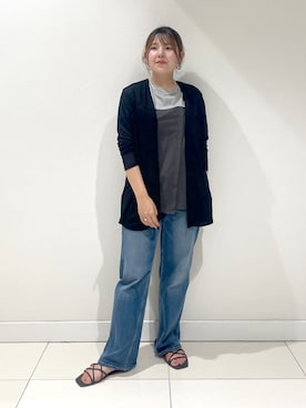「INDIVI（インディヴィ）の【洗える／シアーストライプ柄】着流しジャージカーディガン（カーディガン/ボレロ、ブラック系）」を使った、YUUKIさん（レディース・157cm）の夏コーディネート