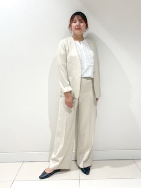 「INDIVI（インディヴィ）の【こなれSETUP】リネンライクノーカラージャケット（ノーカラージャケット、ベージュ系）」を使った、YUUKIさん（レディース・157cm）の夏コーディネート