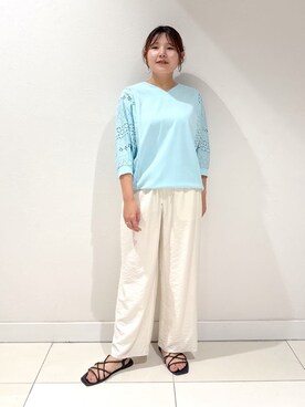 「INDIVI（インディヴィ）の【洗える／体型カバー】レースコンビトップス（Tシャツ/カットソー、グリーン系）」を使った、YUUKIさん（レディース・157cm）の夏コーディネート