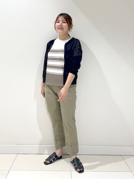 「INDIVI（インディヴィ）の【洗える／コットン100％】メッシュ柄ニットブルゾン（カーディガン/ボレロ、ブラック系）」を使った、YUUKIさん（レディース・157cm）の夏コーディネート