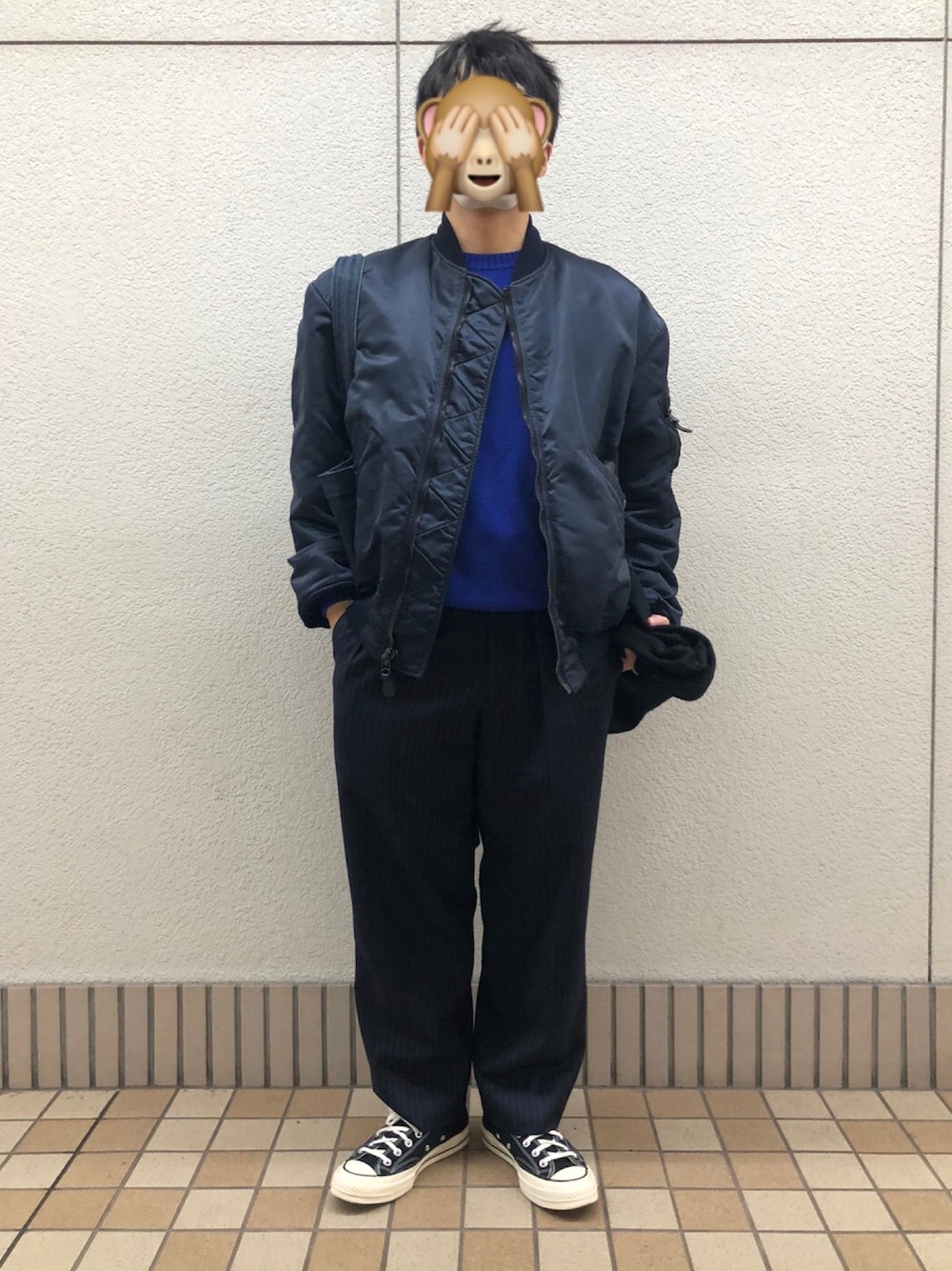 「冬アウター、低身長コーデ、休日コーデ、大人カジュアル、ニット、スラックス」｜「NEATのアイテム（スラックス、ブルー系）」を使った、kazukingさん（メンズ・163cm）の冬コーディネートの1枚目の写真
