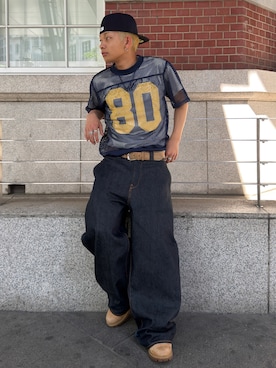 「YOLO（ヨーロ）のアイテム（T Shirts、ブルー系）」を使った、らいどさん（メンズ・165cm）の夏コーディネート