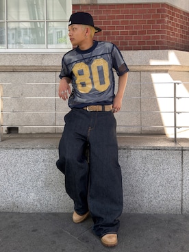「YOLO（ヨーロ）のアイテム（Tシャツ/カットソー、ブルー系）」を使った、らいどさん（メンズ・165cm）の春コーディネート
