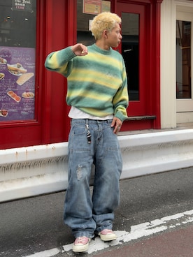 「YOLO（ヨーロ）のアイテム（デニムパンツ、ブルー系）」を使った、らいどさん（メンズ・165cm）の春コーディネート