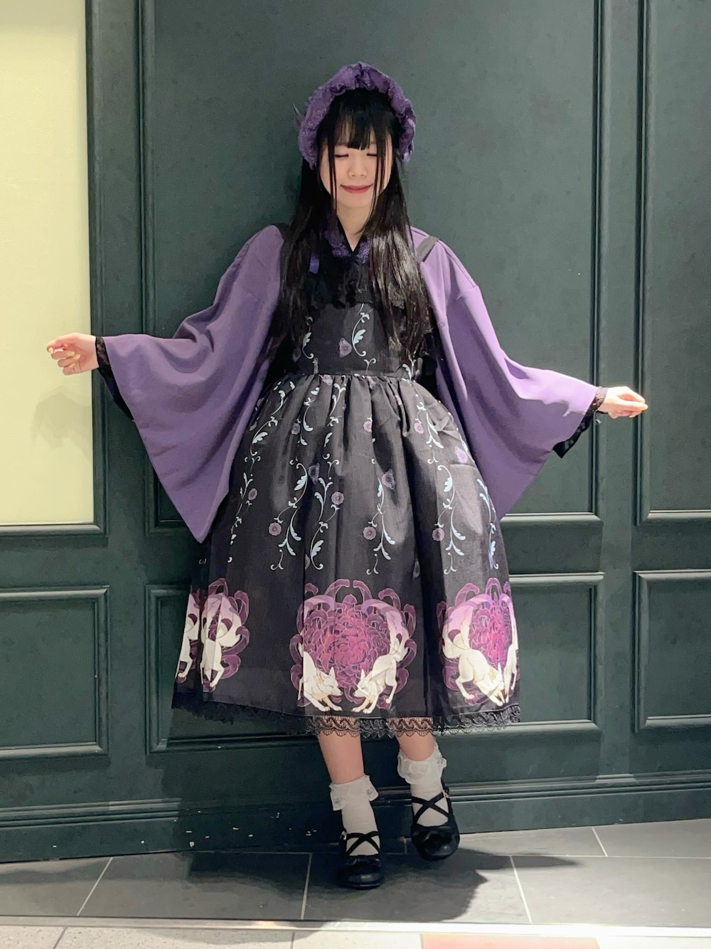「Chalmiere、和ロリ、和装、和装コーデ、和風、狐、パープル、パープルコーデ、パープル×黒、ボンネット、ロリータ、ロリータファッション、低身長」｜「Chalmiereのハーフボンネ（カチューシャ、パープル系）」を使った、ぁゅゅさん（レディース・154cm）の夏コーディネートの1枚目の写真