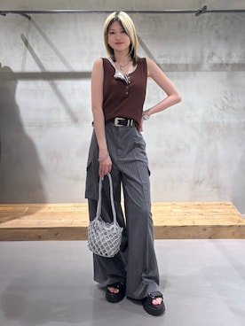 「PAGEBOY（ページボーイ）のモードバックルベルト3（ベルト、ブラック系）」を使った、Miyunさん（レディース・156cm）の夏コーディネート