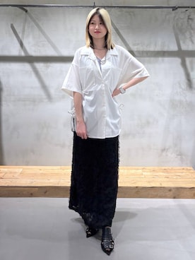 「PAGEBOY（ページボーイ）のチュールフリルナロースカート（スカート、ブラック系）」を使った、Miyunさん（レディース・156cm）の春コーディネート