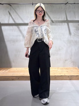 「PAGEBOY（ページボーイ）のカーゴワイドスラックス（スラックス、ブラック系）」を使った、Miyunさん（レディース・156cm）の夏コーディネート