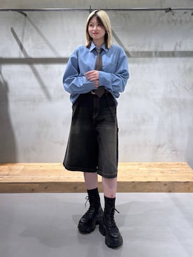 「PAGEBOY（ページボーイ）のレースアップソックスブーツ（ブーツ、ブラック系）」を使った、Miyunさん（レディース・156cm）の春コーディネート