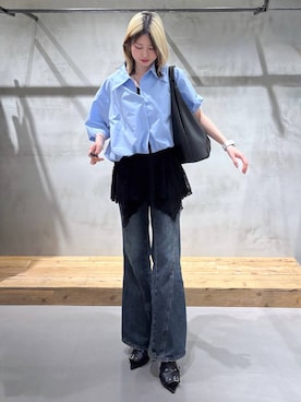 「PAGEBOY（ページボーイ）のスリムレッグフレアデニム（デニムパンツ、ブルー系）」を使った、Miyunさん（レディース・156cm）の春コーディネート