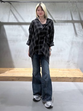 「PAGEBOY（ページボーイ）のオンブレチェックシャツ/チェックシャツ【2WAY仕様/シワになりにくい】（シャツ/ブラウス、ブラック系）」を使った、Miyunさん（レディース・156cm）の夏コーディネート