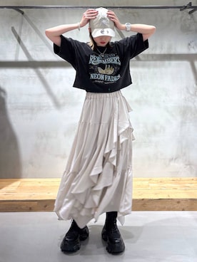 「PAGEBOY（ページボーイ）のレースアップソックスブーツ（ブーツ、ブラック系）」を使った、Miyunさん（レディース・156cm）の春コーディネート