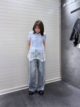 「JEANASIS（ジーナシス）のスウェットコンビデニムパンツ/645263（デニムパンツ、ブルー系）」を使った、rikopin1209さん（レディース）の夏コーディネート