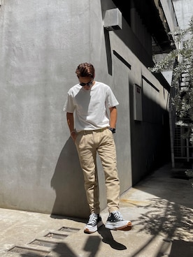 「アイテム（スラックス、ベージュ系）」を使った、keigoyamazakiさん（メンズ・172cm）の夏コーディネート