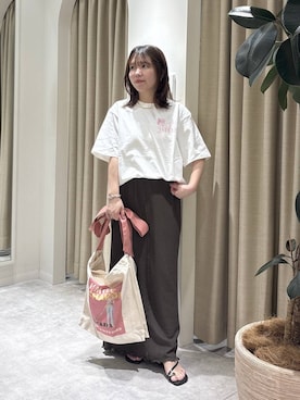 「mysty woman（ミスティウーマン）のカットジャカードナロースカート　1046948（スカート、ブラウン系）」を使った、harunaさん（レディース・147cm）の夏コーディネート