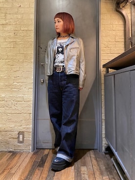「アイテム（ライダースジャケット、シルバー系）」を使った、つぼねさん（レディース・153cm）の秋コーディネート