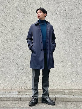 「アイテム（ステンカラーコート、ブルー系）」を使った、野間さん（メンズ・164cm）の秋コーディネート