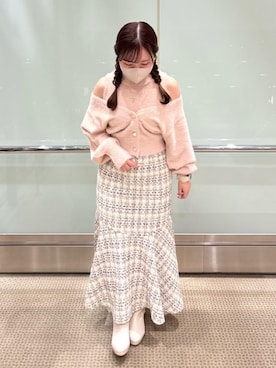 「MAJESTIC LEGON（マジェスティックレゴン）の取り外しできるリボンブーツ（ブーツ、ホワイト系）」を使った、みいぴさん（レディース・153cm）の冬コーディネート