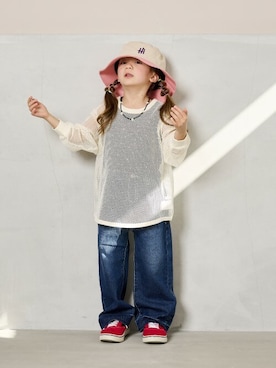 「BIG FIELD（ビッグフィールド）のアイテム（帽子）」を使った、MARKEY'Sさん（キッズ・106cm）の春コーディネート