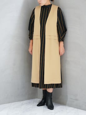 「ストライプワンピース」｜「アイテム（ジャケット/アウター）」を使った、ジェイアール名古屋タカシマヤさん（レディース・158cm）の秋コーディネート