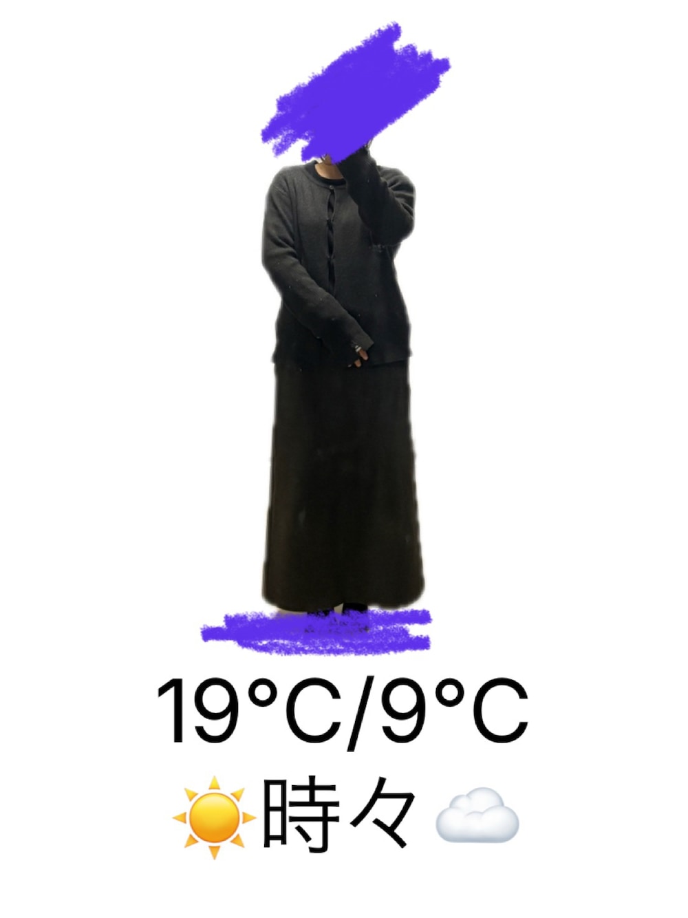 グリーン系のスカート、グレー系のカーディガン/ボレロ、ブラック系のTシャツ/カットソーを着用したレディースの秋コーディネートの1枚目の写真