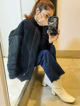 「ヘアアレンジ」｜「アイテム（ノーカラージャケット）」を使った、mikiviciousさん（レディース・162cm）の冬コーディネート