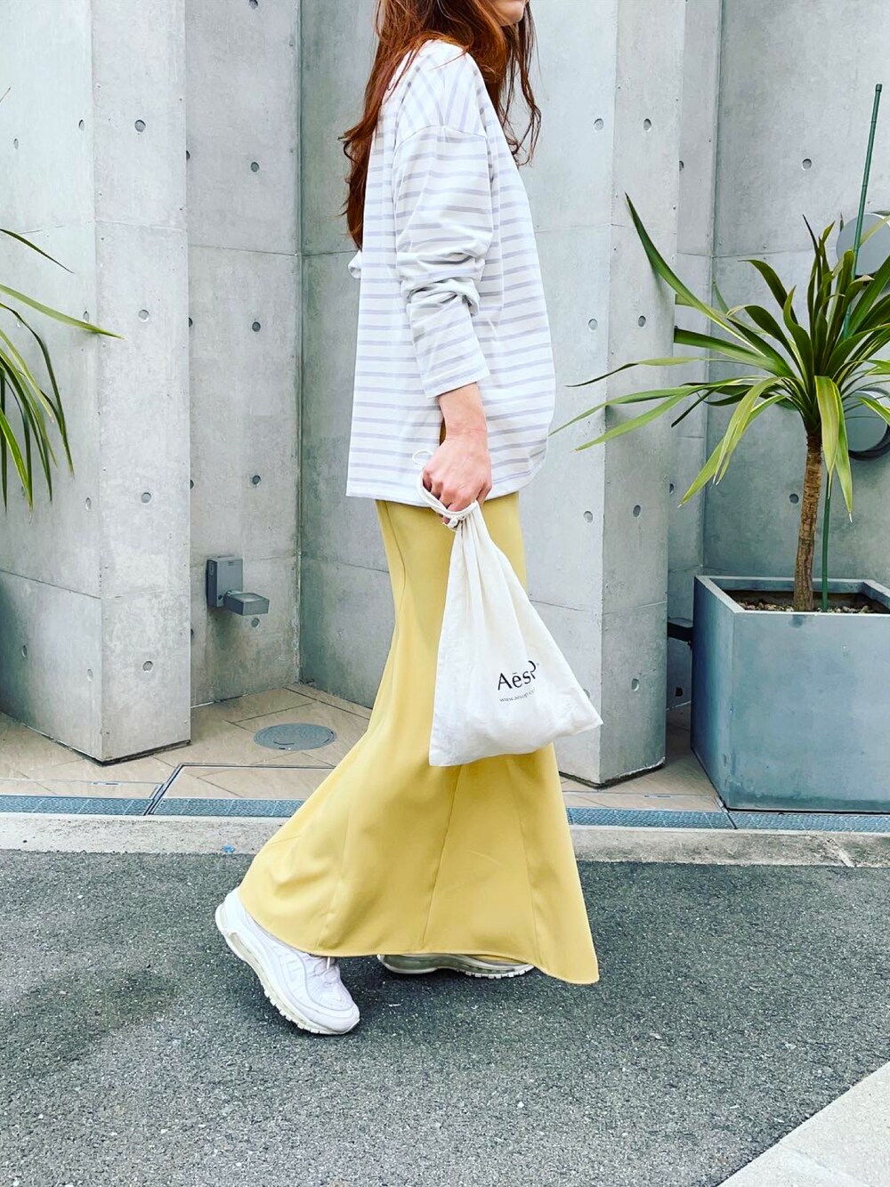 「シトリンチャクラ、CITRINE Chakra、マーメイドスカート、ボーダー、Aesop、イソップ、airmax」｜「CITRINE Chakraのアイテム（スカート、イエロー系）」を使った、mikiviciousさん（レディース・162cm）の春コーディネートの1枚目の写真