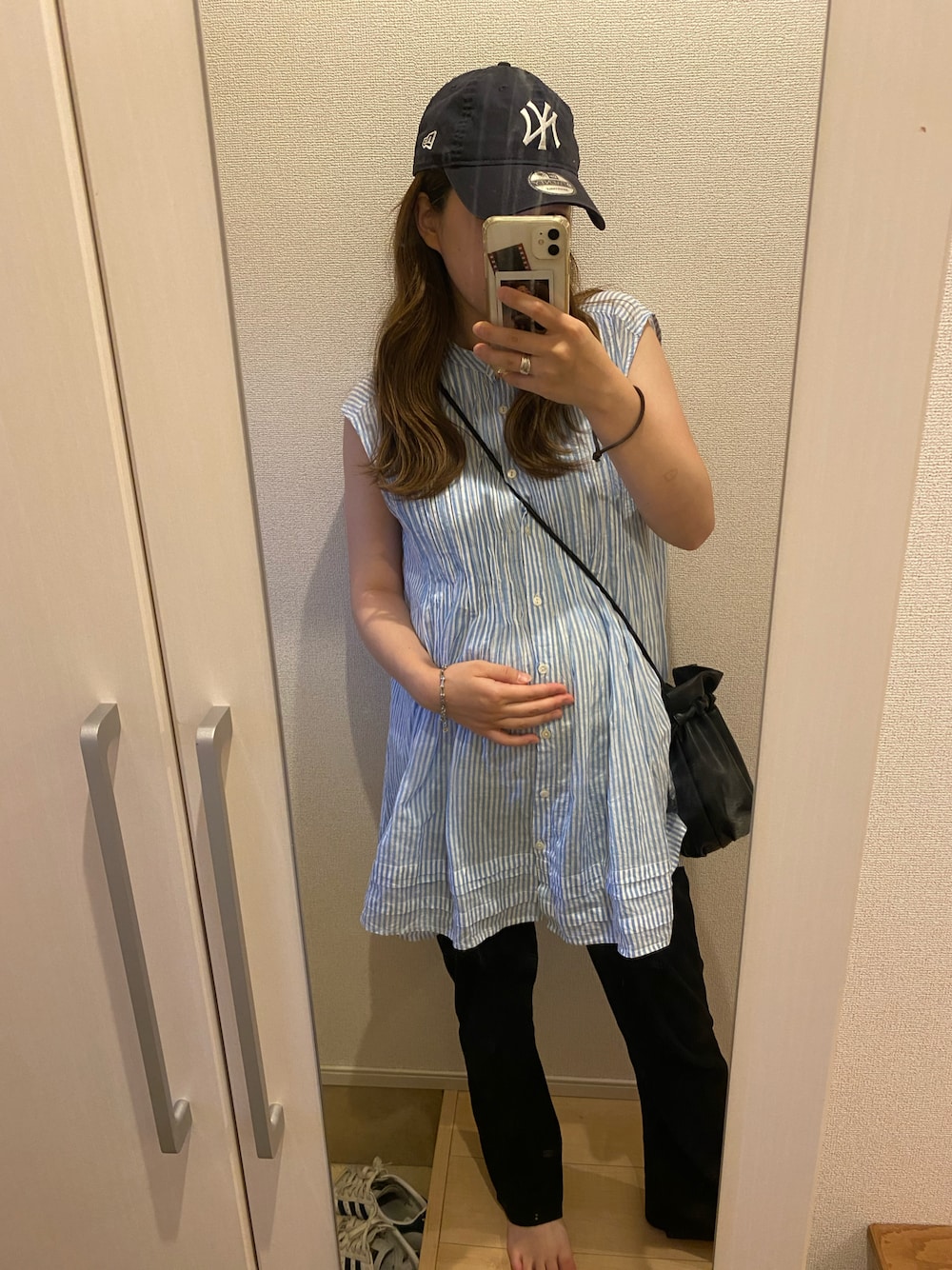 「シンプルコーデ、カジュアルコーデ、夏コーデ、ootd、プチプラ、ママコーデ、マタニティ」｜「FREAK'S STOREのインドピンタックチュニックブラウス（シャツ/ブラウス、ブルー系）」を使った、natsuさん（レディース・160cm）の夏コーディネートの1枚目の写真